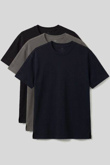 Rahat Form O Yaka 3'lü Paket Siyah-Haki-Lacivert Erkek T-Shirt - 88495 