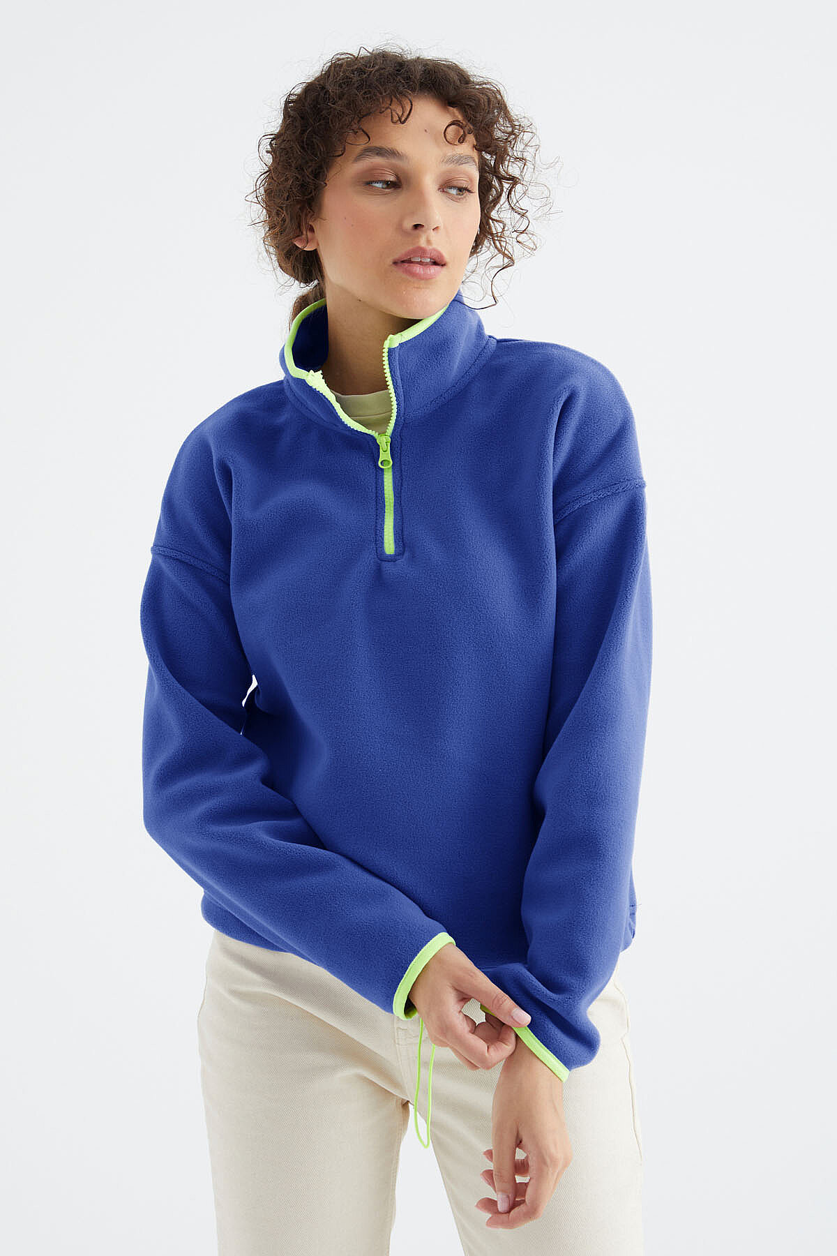 Saks Yarım Fermuar Etek Ucu Büzgülü Dik Yaka Standart Kalıp Kadın Polar Sweatshirt - 97234 - TOMMYLIFE