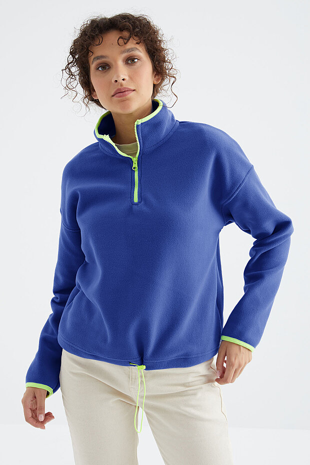 Saks Yarım Fermuar Etek Ucu Büzgülü Dik Yaka Standart Kalıp Kadın Polar Sweatshirt - 97234 - 3