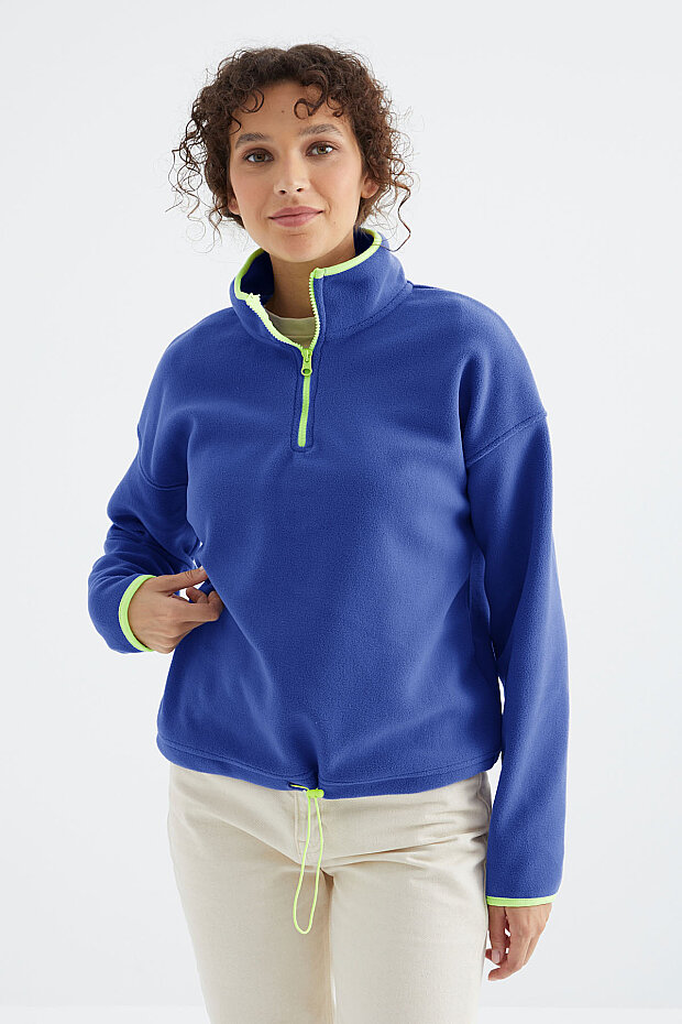 Saks Yarım Fermuar Etek Ucu Büzgülü Dik Yaka Standart Kalıp Kadın Polar Sweatshirt - 97234 - 5