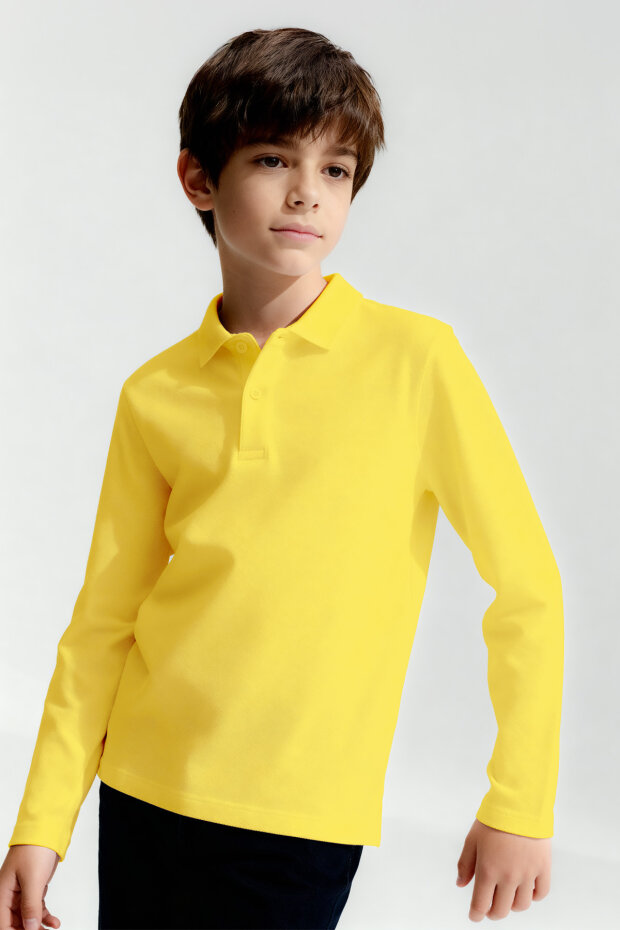 Sarı Polo Yaka Basic Uzun Kollu Unisex Çocuk T-Shirt - 11170 - 2