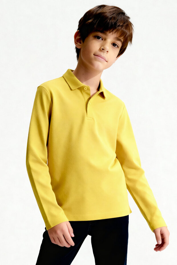 Sarı Polo Yaka Basic Uzun Kollu Unisex Çocuk T-Shirt - 11170 - 3