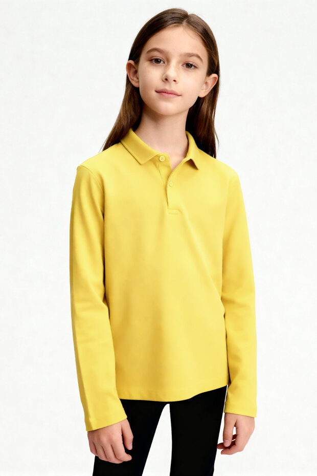 Sarı Polo Yaka Basic Uzun Kollu Unisex Çocuk T-Shirt - 11170 - 2