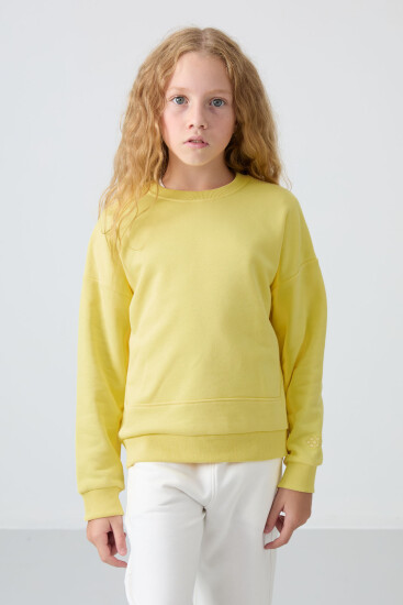 Sarı Pamuklu İçi Tüylü Yumuşak Dokulu Oversize Nakışlı Kız Çocuk Sweatshirt - 75150 