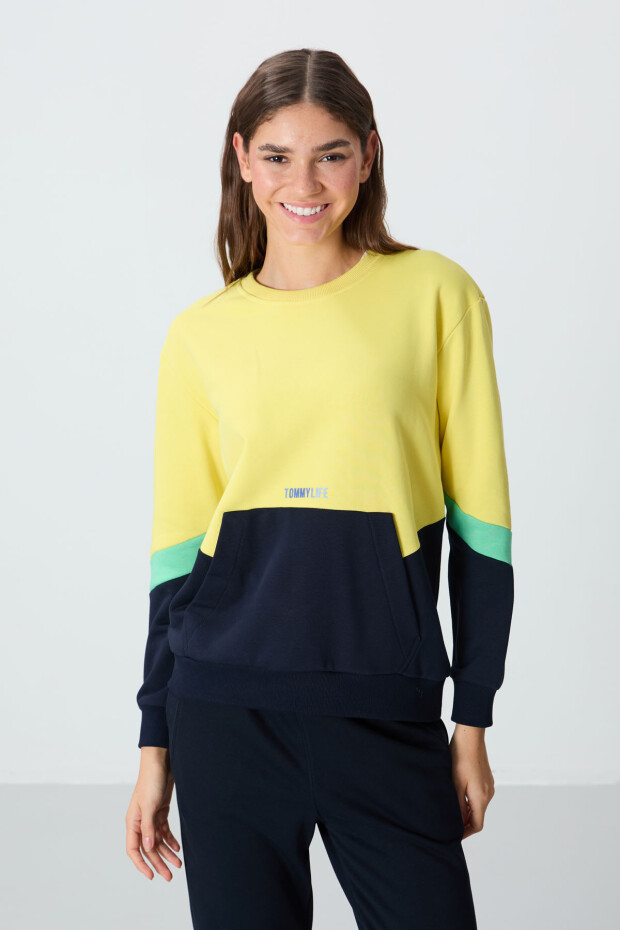 Sarı Kompakt Pamuklu Kalın Pürüzsüz Dokulu O Yaka Standart Kalıp Kadın Sweatshirt - 97289 - 4