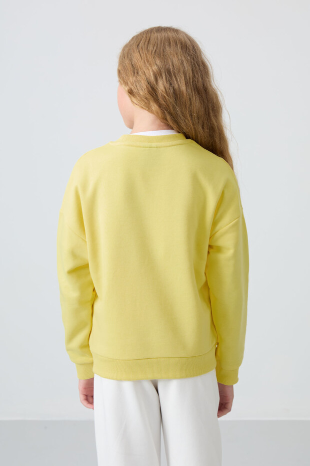 Sarı Pamuklu İçi Tüylü Yumuşak Dokulu Rahat Form Nakışlı Kız Çocuk Sweatshirt - 75150 - 5