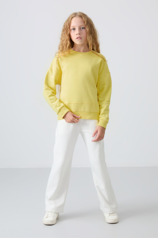 Sarı Pamuklu İçi Tüylü Yumuşak Dokulu Rahat Form Nakışlı Kız Çocuk Sweatshirt - 75150 - 4