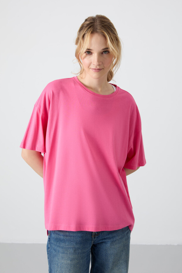 Şeker Pembe Penye Modal Yumuşak Tuşeli Oversize Fit Basic Kadın T-Shirt- 97285 - 1