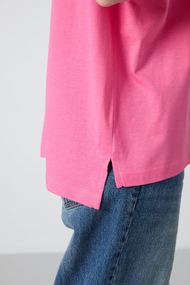 Şeker Pembe Penye Modal Yumuşak Tuşeli Oversize Fit Basic Kadın T-Shirt- 97285 - 5