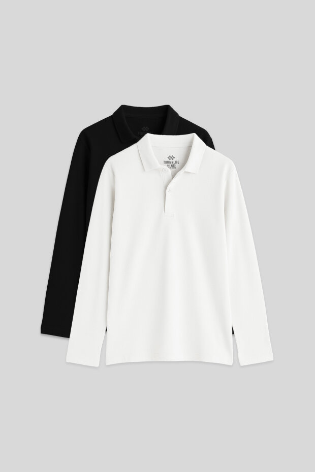 Basic Polo Yaka 2'li Paket Siyah-Beyaz Unisex Çocuk T-Shirt - 11170 - 1