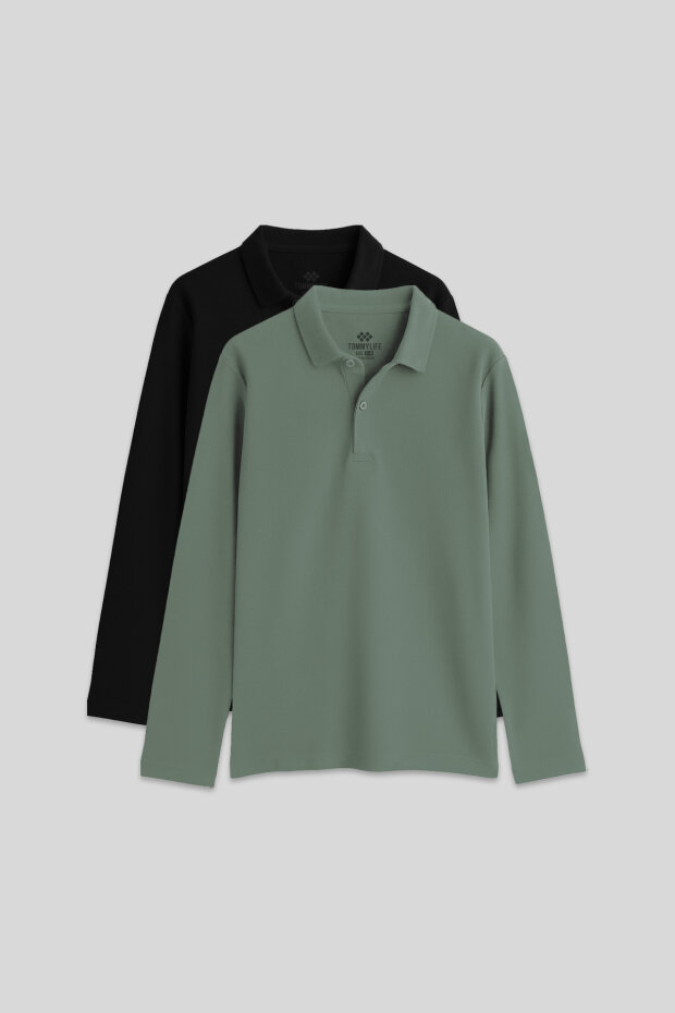 Basic Polo Yaka 2'li Paket Siyah-Çağla Unisex Çocuk T-Shirt - 11170 - 1