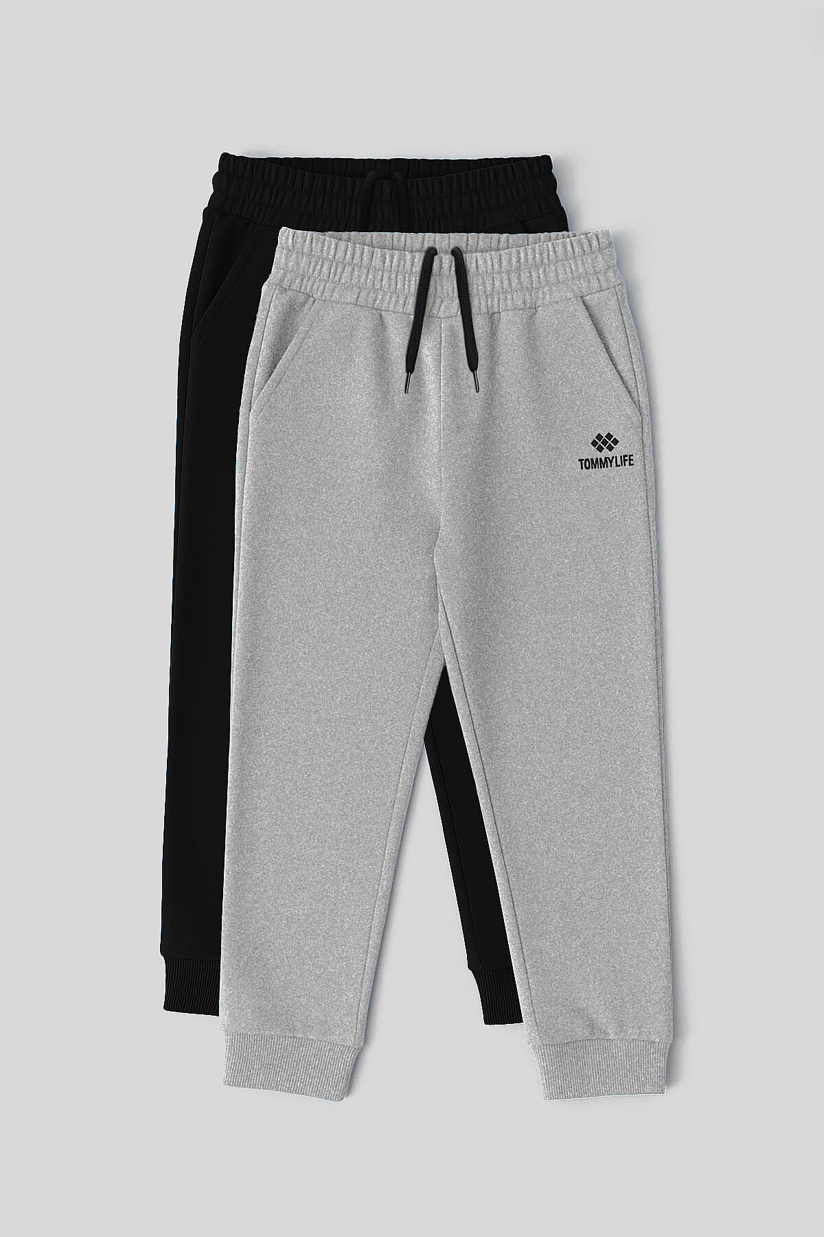Standart Fit 2'li Paket Siyah-Gri Melanj Erkek Çocuk Eşofman Alt - 11205 - TOMMYLIFE