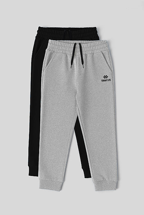 Standart Fit 2'li Paket Siyah-Gri Melanj Erkek Çocuk Eşofman Alt - 11205 