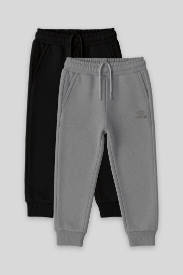 Standart Fit Basic 2'li Paket Siyah-Gri Melanj Erkek Çocuk Eşofman Alt - 11224 