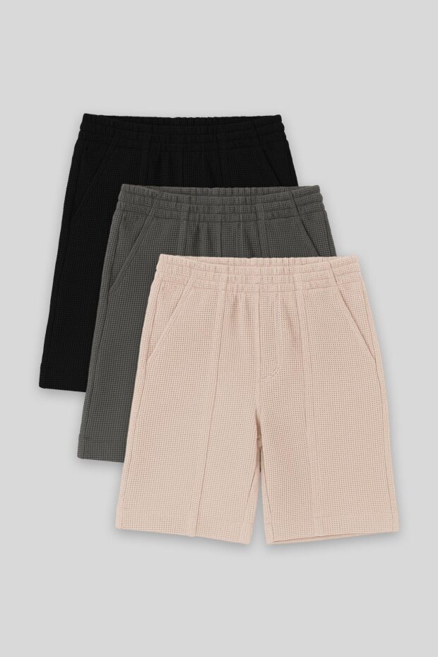 Standart Fit Basic 3'lü Paket Siyah-Haki-Bej Erkek Çocuk Şort - 11289 - 1