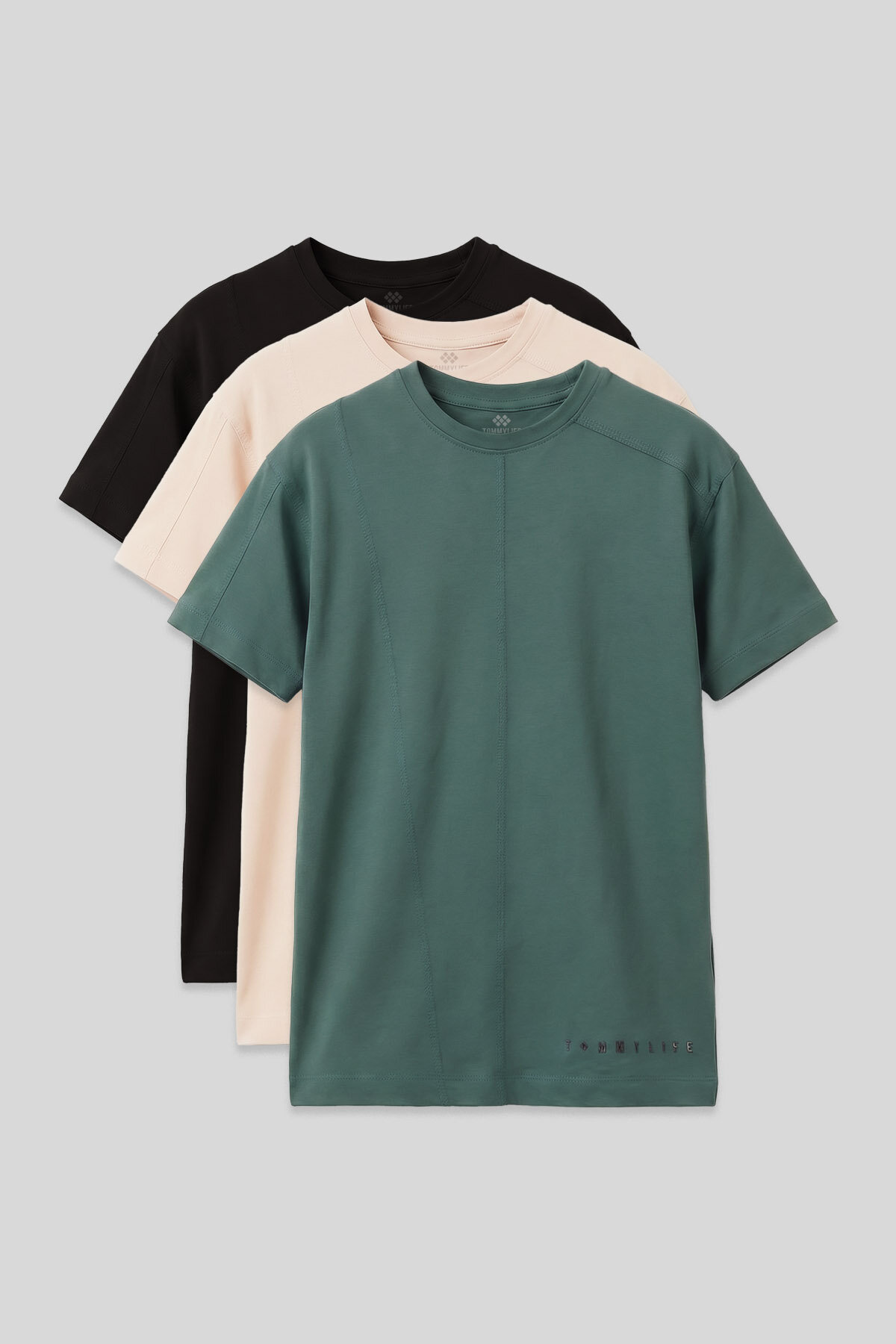 Basic Oversize O Yaka 3'lü Paket Siyah-Bej-Açık Yeşil Erkek Çocuk T-Shirt - 11297 - TOMMYLIFE