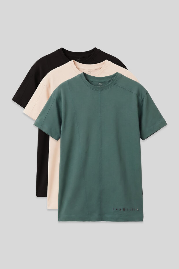 Basic Oversize O Yaka 3'lü Paket Siyah-Bej-Açık Yeşil Erkek Çocuk T-Shirt - 11297 - 1