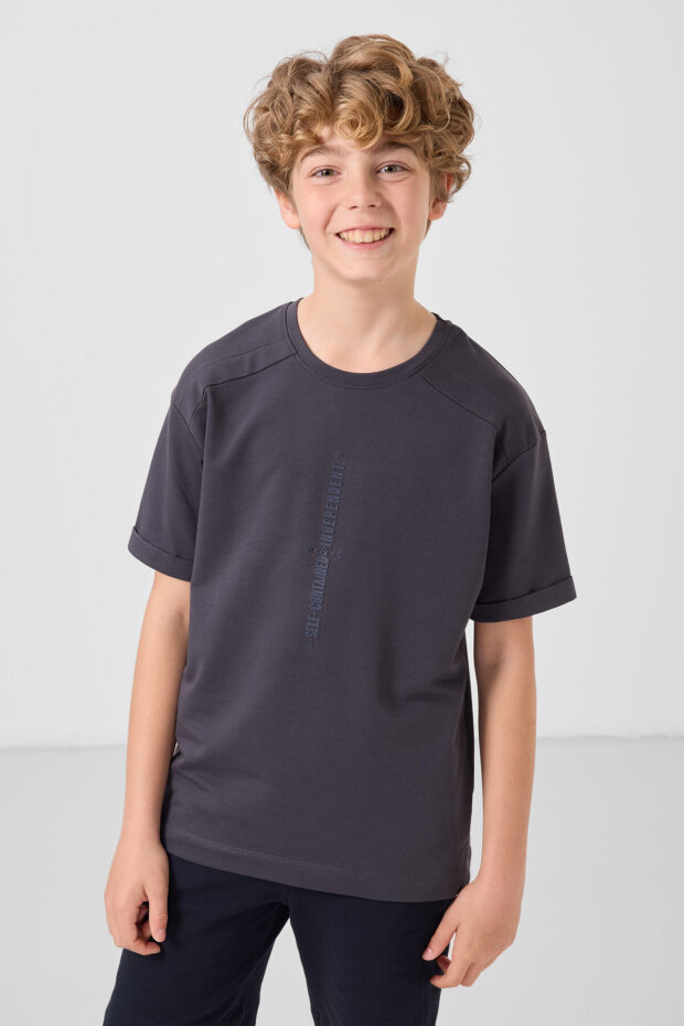 Oversize Fit Baskılı 3'lü Paket Antrasit-Ekru-Taş Erkek Çocuk T-Shirt - 11301 - 3