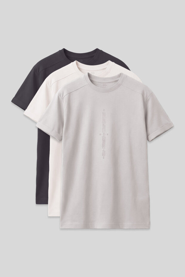 Oversize Fit Baskılı 3'lü Paket Antrasit-Ekru-Taş Erkek Çocuk T-Shirt - 11301 - 1