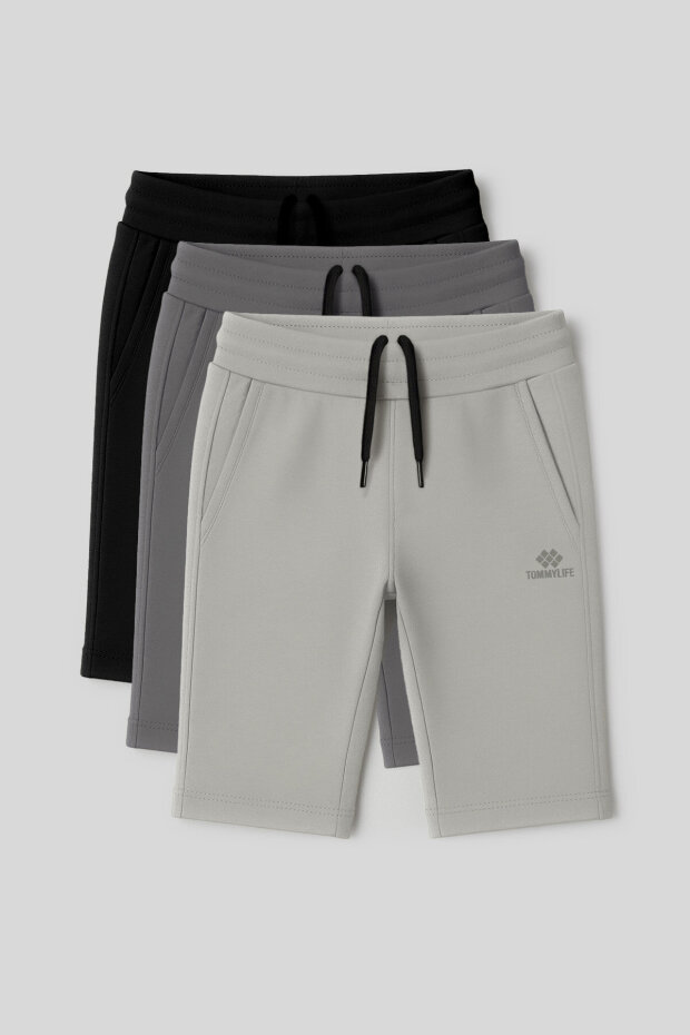 Standart Fit Basic Performans 3'lü Paket Siyah-Koyu Gri-Taş Erkek Çocuk Şort - 11303 - 1