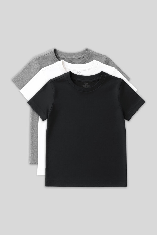 Standart Fit Basic O Yaka 3'lü Paket Gri Melanj-Antrasit-Beyaz Unisex Çocuk T-Shirt - 11328 - 1