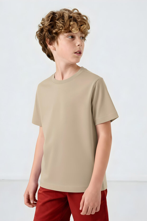 Standart Fit Basic O Yaka 3'lü Paket Lacivert-Bej-Koyu Mavi Unisex Çocuk T-Shirt - 11328 - 3