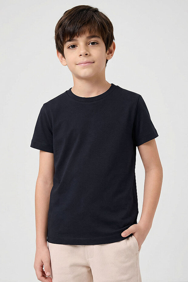 Standart Fit Basic O Yaka 3'lü Paket Lacivert-Bej-Koyu Mavi Unisex Çocuk T-Shirt - 11328 - 2