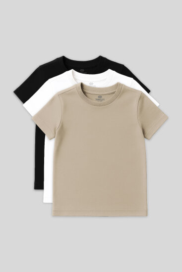 Standart Fit Basic O Yaka 3'lü Paket Siyah-Beyaz-Bej Unisex Çocuk T-Shirt - 11328 