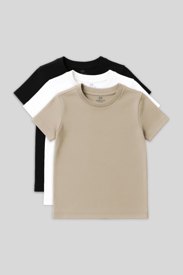 Standart Fit Basic O Yaka 3'lü Paket Siyah-Beyaz-Bej Unisex Çocuk T-Shirt - 11328 - 1