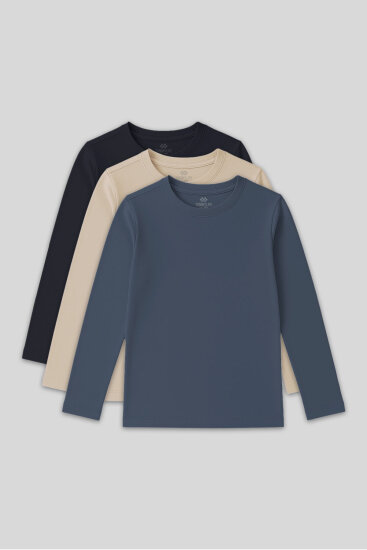 Standart Fit Basic O Yaka 3'lü Paket Lacivert-Bej-Koyu Mavi Unisex Çocuk T-Shirt - 11329 