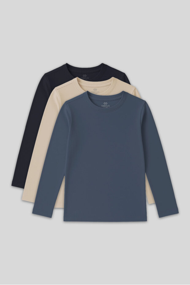 Standart Fit Basic O Yaka 3'lü Paket Lacivert-Bej-Koyu Mavi Unisex Çocuk T-Shirt - 11329 - 1