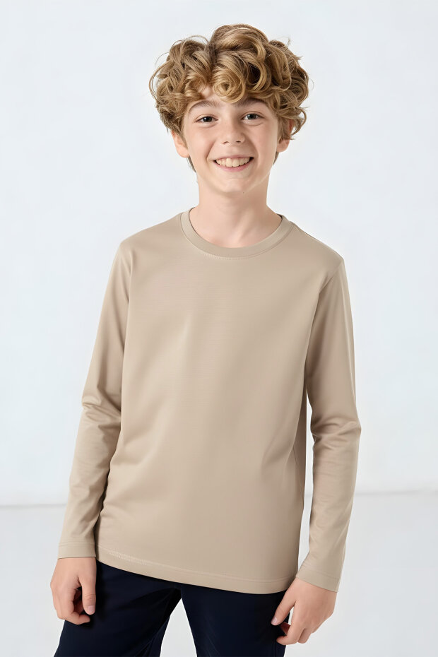 Standart Fit Basic O Yaka 3'lü Paket Lacivert-Bej-Koyu Mavi Unisex Çocuk T-Shirt - 11329 - 6