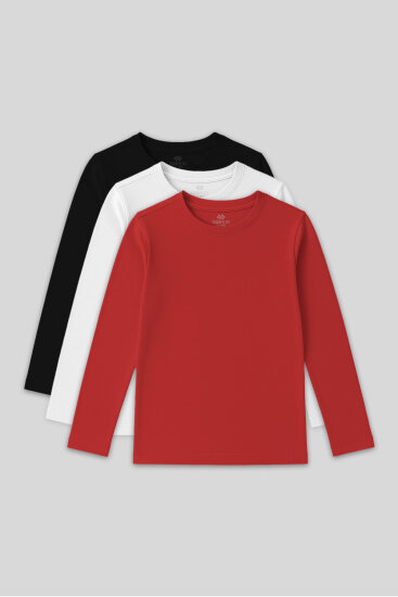 Standart Fit Basic O Yaka 3'lü Paket Siyah-Beyaz-Fiesta Unisex Çocuk T-Shirt - 11329 