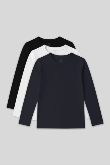 Standart Fit Basic O Yaka 3'lü Paket Siyah-Beyaz-Lacivert Unisex Çocuk T-Shirt - 11329 