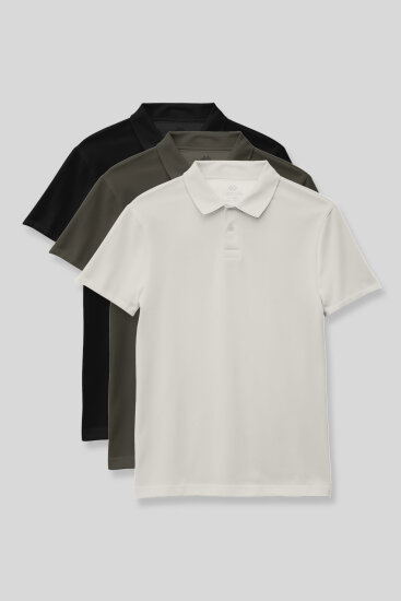 Standart Fit Basic Polo Yaka 3'lü Paket Siyah-Haki-Ekru Unisex Çocuk T-Shirt - 11330 