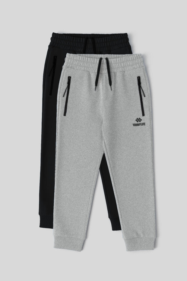 Standart Fit Basic 2'li Paket Siyah-Gri Melanj Erkek Çocuk Eşofman Alt - 64042 - 1