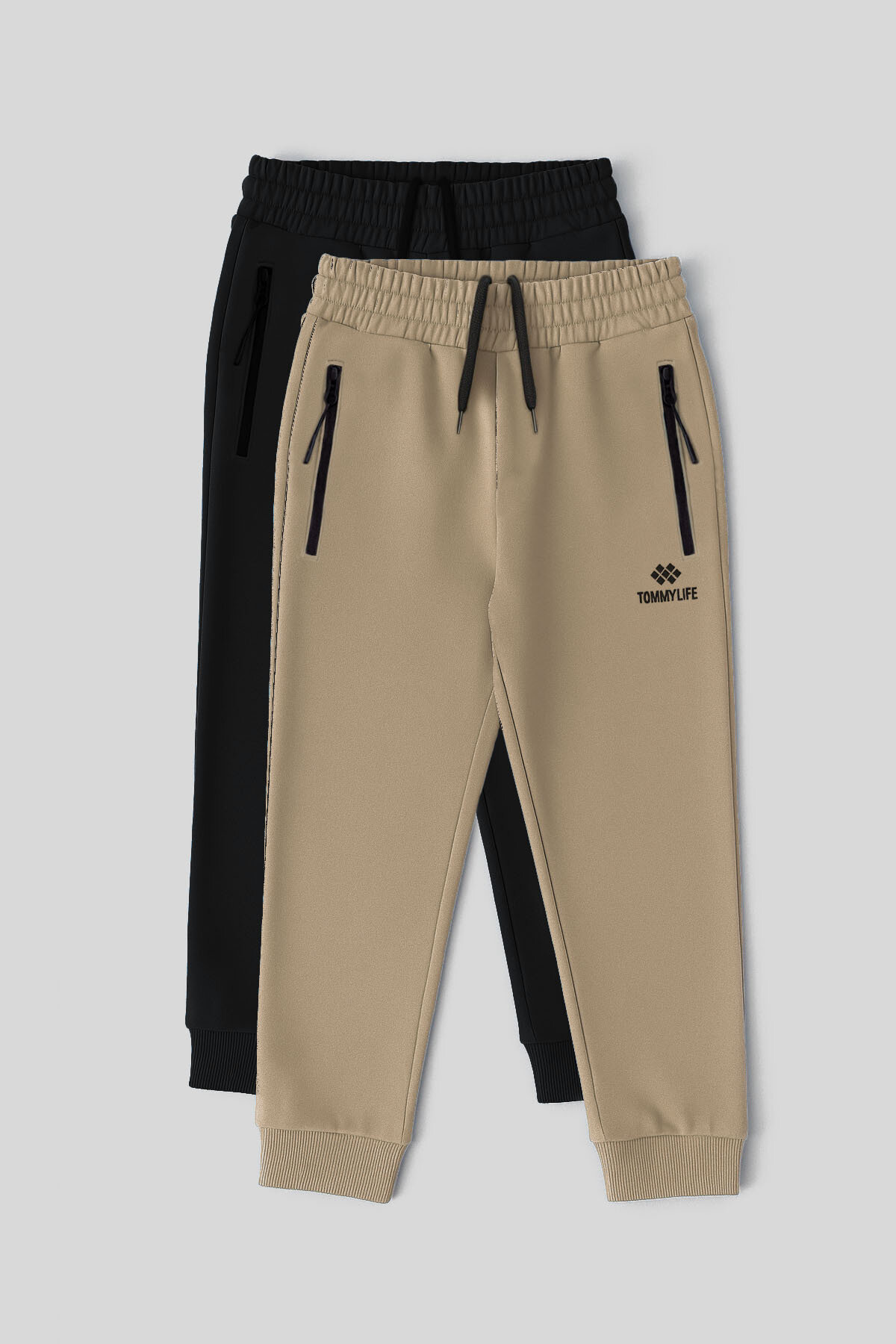 Standart Fit Basic 2'li Paket Siyah-Koyu Bej Erkek Çocuk Eşofman Alt - 64042 - TOMMYLIFE