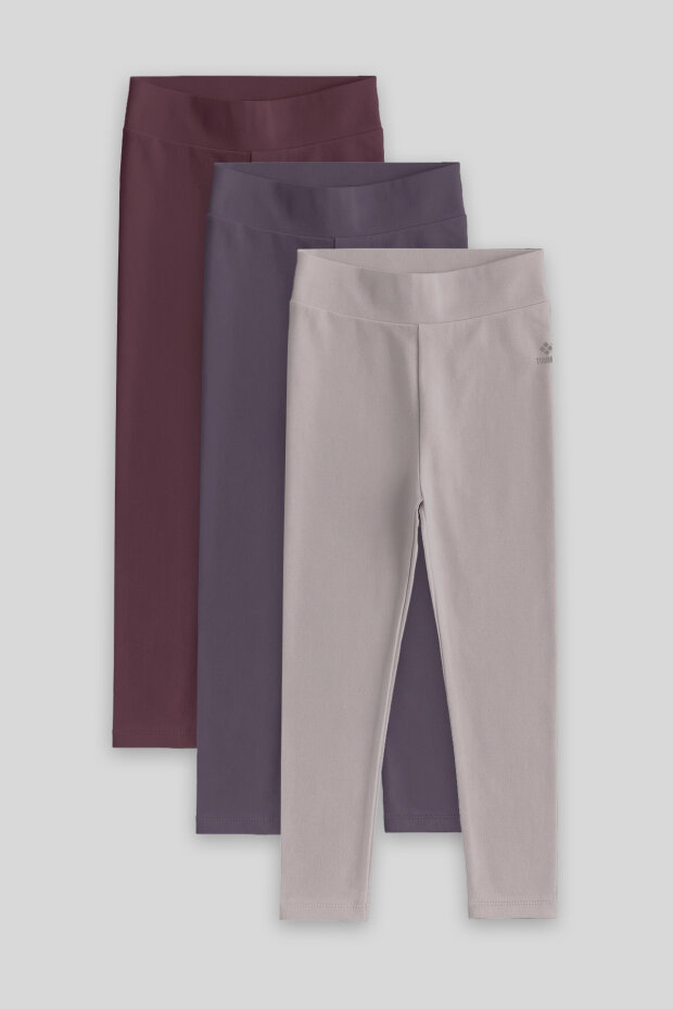 Standart Fit Basic 3'lü Paket Eflatun-Koyu Bej-Kahverengi Kız Çocuk Tayt - 75047 - 1