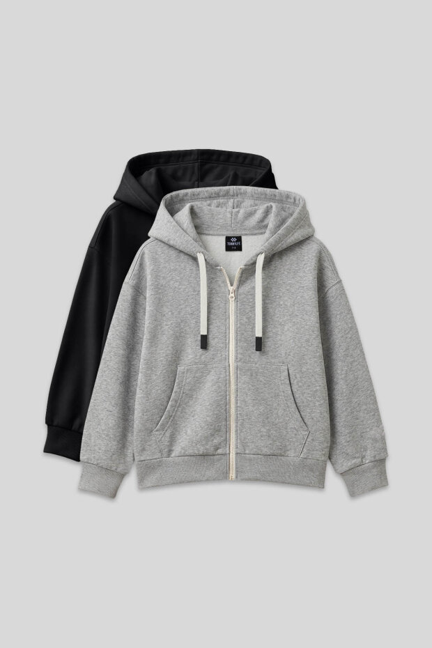 Fermuarlı Pamuklu 2'li Paket Siyah-Gri Melanj Kız Çocuk Sweatshirt - 75149 - 1