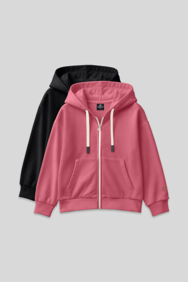 Fermuarlı Pamuklu 2'li Paket Siyah-Yaban Gülü Kız Çocuk Sweatshirt - 75149 