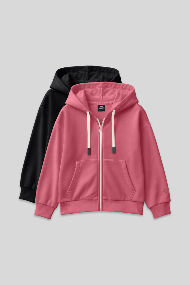 Fermuarlı Pamuklu 2'li Paket Siyah-Yaban Gülü Kız Çocuk Sweatshirt - 75149 - 1