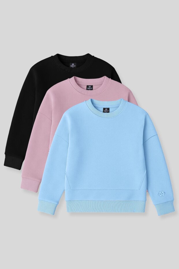 Oversize 3'lü Paket Siyah-Gül Kurusu-Açık Mavi Kız Çocuk Sweatshirt - 75150 - 1