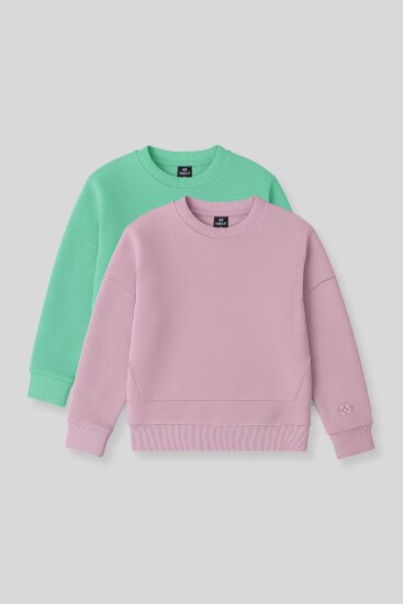 Oversıze 2'li Paket Gül Kurusu-Su Yeşili Kız Çocuk Sweatshirt - 75150 