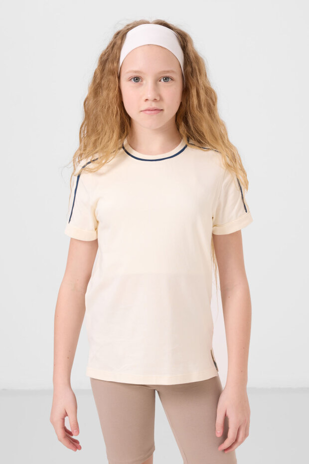 Standart Fit O Yaka 3'lü Paket Koyu Mavi-Ekru-Gri Melanj Kız Çocuk T-Shirt - 75177 - 2