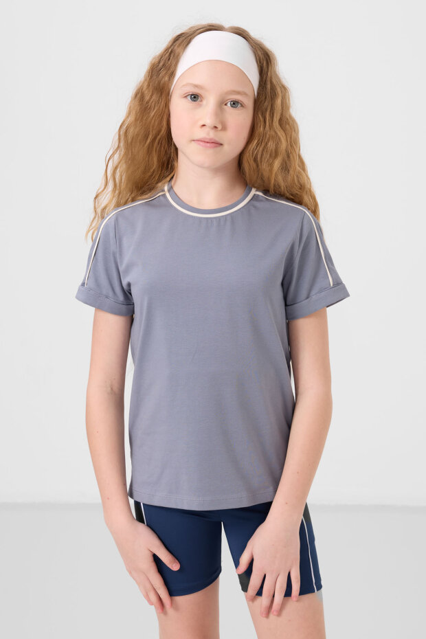 Standart Fit O Yaka 3'lü Paket Koyu Mavi-Ekru-Gri Melanj Kız Çocuk T-Shirt - 75177 - 3