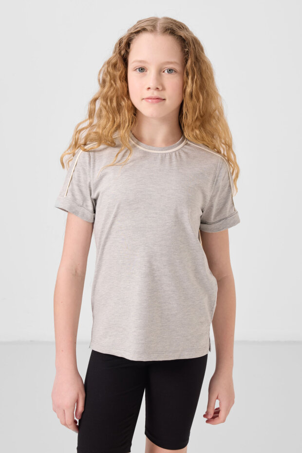 Standart Fit O Yaka 3'lü Paket Koyu Mavi-Ekru-Gri Melanj Kız Çocuk T-Shirt - 75177 - 4