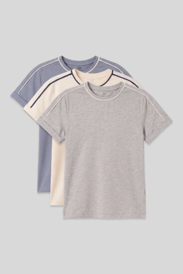 Standart Fit O Yaka 3'lü Paket Koyu Mavi-Ekru-Gri Melanj Kız Çocuk T-Shirt - 75177 