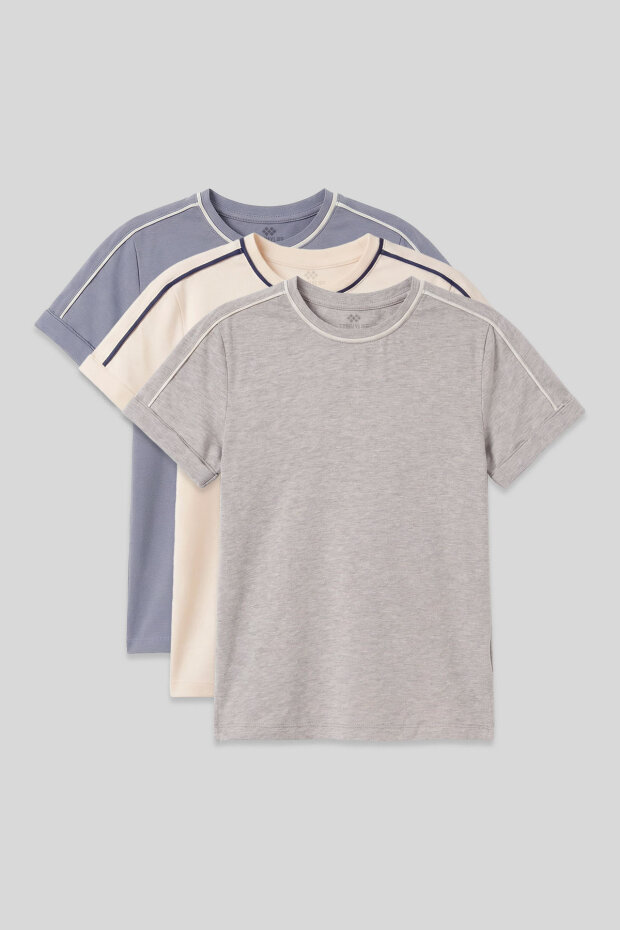 Standart Fit O Yaka 3'lü Paket Koyu Mavi-Ekru-Gri Melanj Kız Çocuk T-Shirt - 75177 - 1