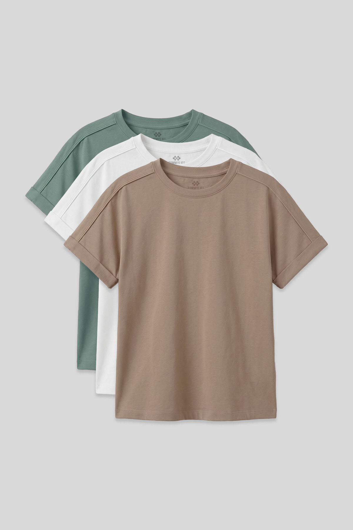 Oversize Fit O Yaka Basic 3'lü Paket Beyaz-Koyu Bej-Açık Yeşil Kız Çocuk T-Shirt - 75182 - TOMMYLIFE