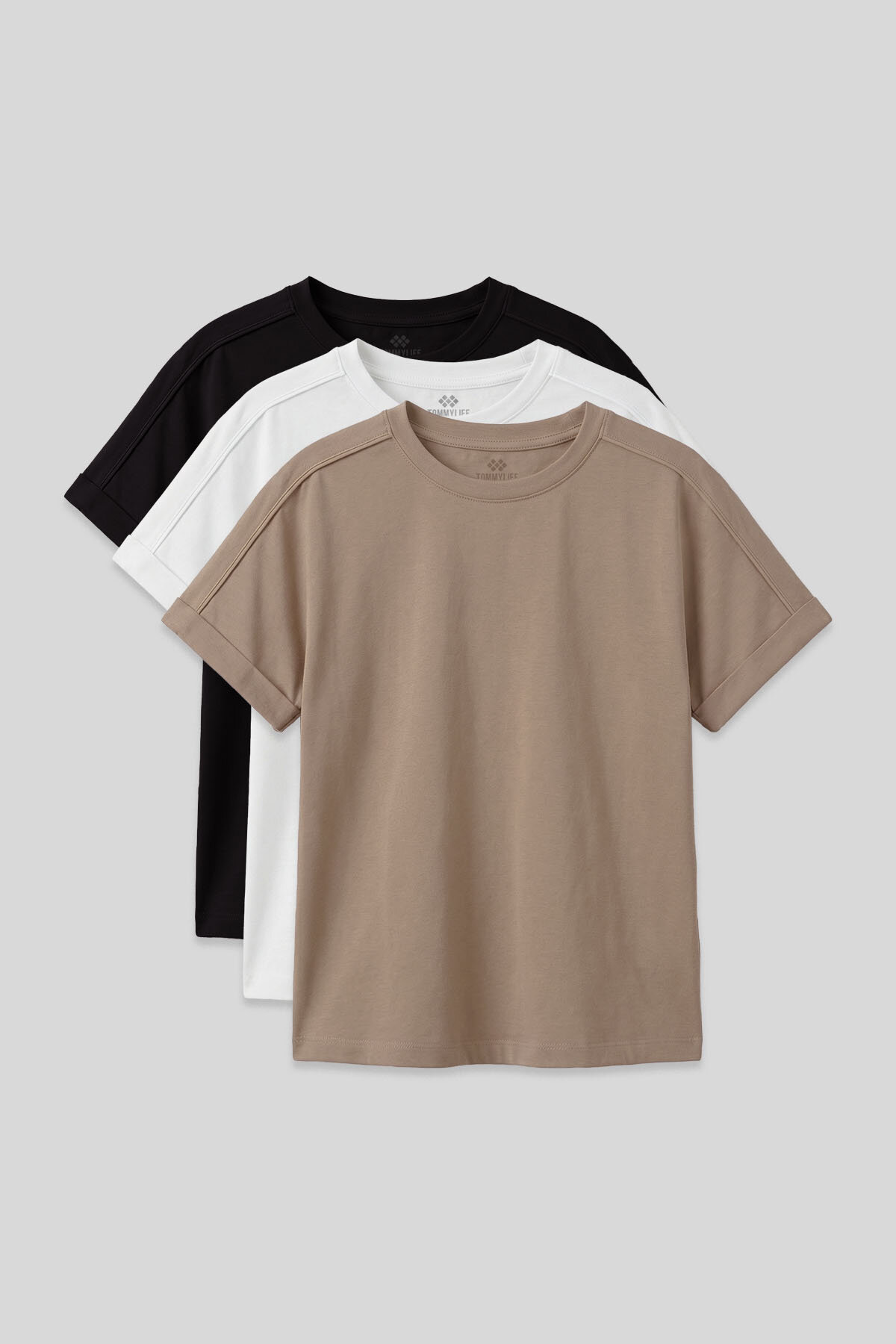 Oversize Fit O Yaka Basic 3'lü Paket Siyah-Beyaz-Koyu Bej Kız Çocuk T-Shirt - 75182 - TOMMYLIFE
